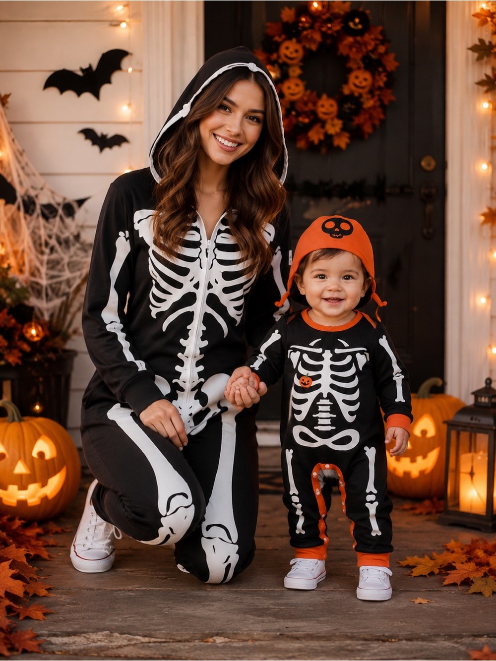2 sets Mommy & Me Matching Skeleton Halloween Costume Set Baby Romper + Hat